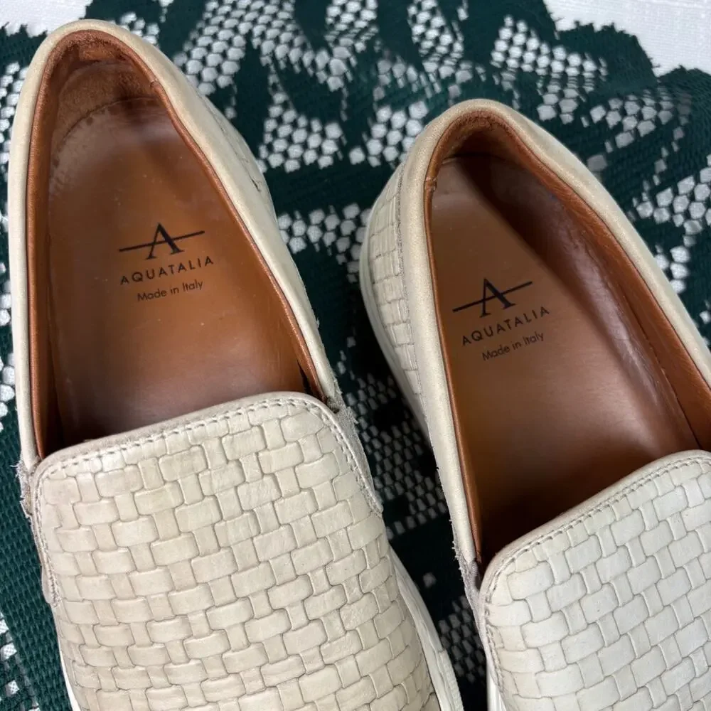 Aquatalia Ashlynn Embossed Calf Size 7 Cream/Grey Woven Leather Made Italy